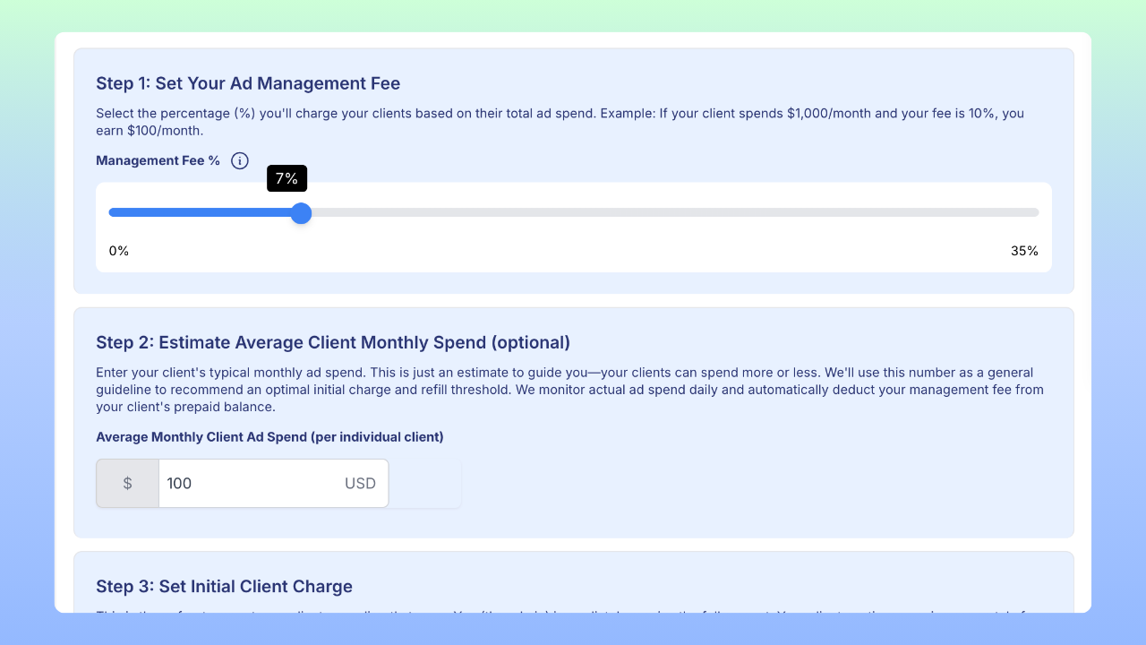 Plai's client billing tools for charging a percentage of ad spend or a flat retainer