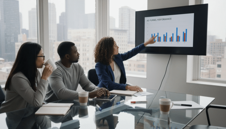 Marketing team reviewing digital funnel strategy