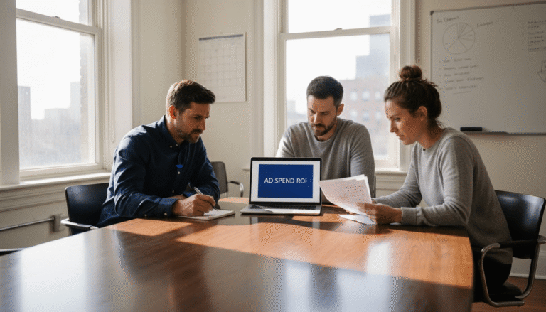 Marketing team planning ad budget around table