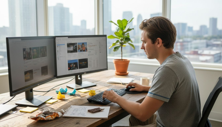 Marketer reviewing e-commerce ad campaigns on monitors