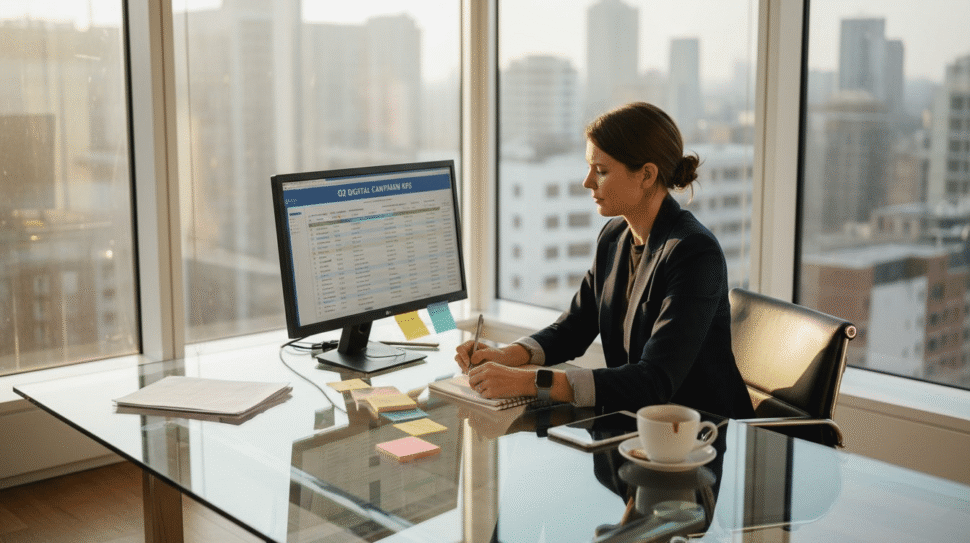 Digital marketer preparing campaign checklist in sunlit office