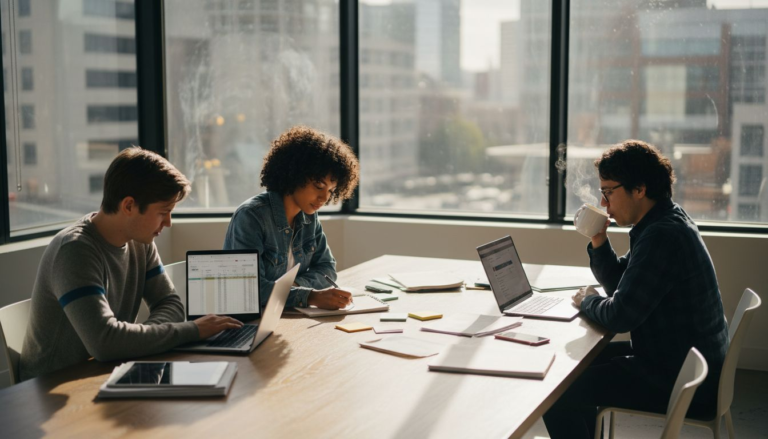 Digital ad team working in corner office