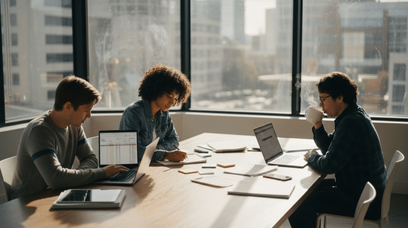 Digitalt annonsteam arbetar i hörnkontor