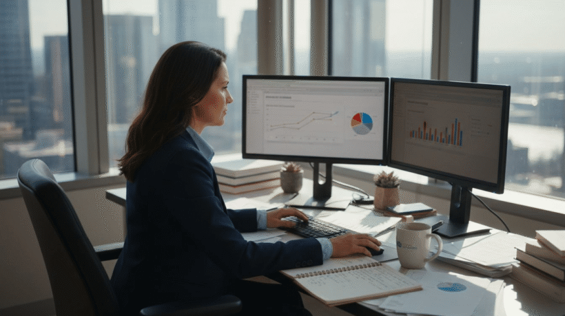 Marketer reviewing ad analytics in office