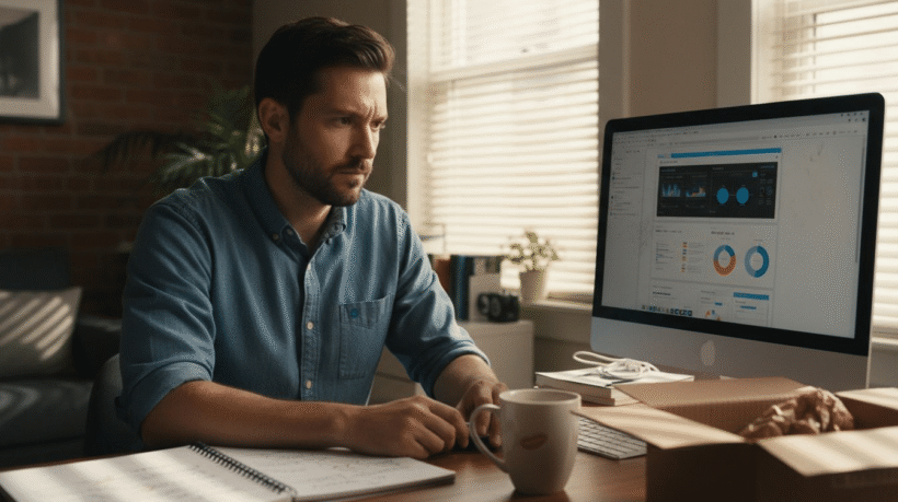 E-commerce owner checking digital marketing dashboard