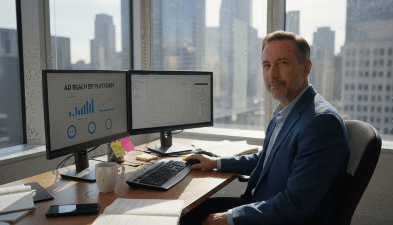 Marketing manager viewing ad analytics workspace