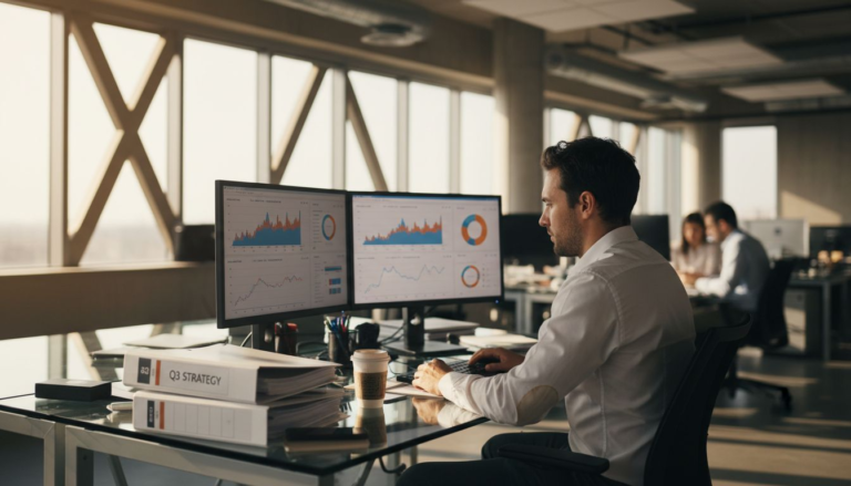 Marketer analyzing campaign metrics in office