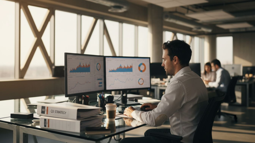 Home 26 Marketer analyzing campaign metrics in office