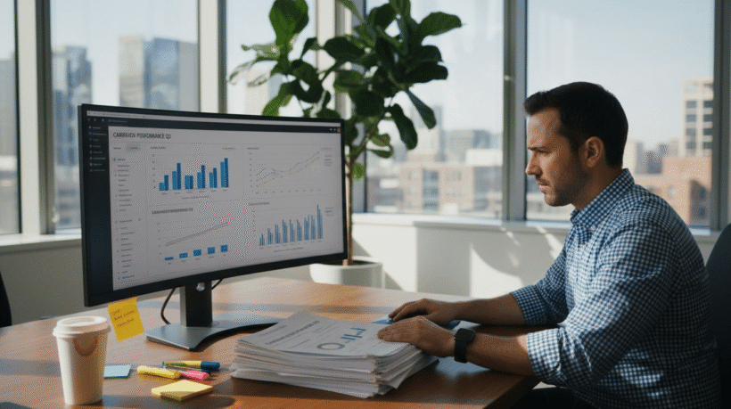 Man reviewing digital advertising performance in office