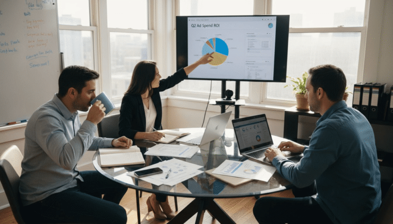 Team reviewing advertising performance in office