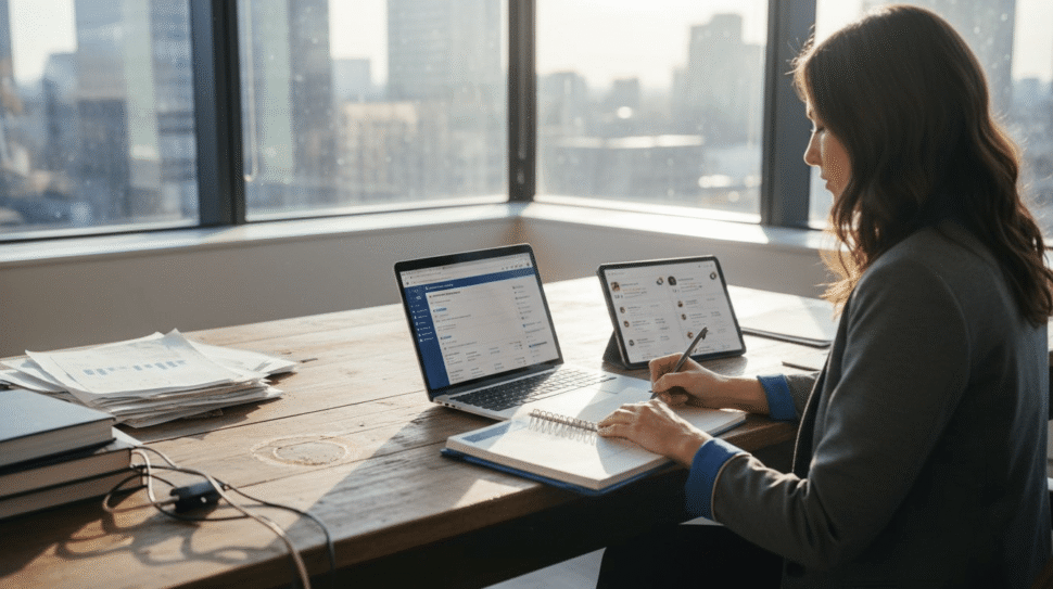 Home 26 Manager reviewing multi-channel ad dashboards at desk