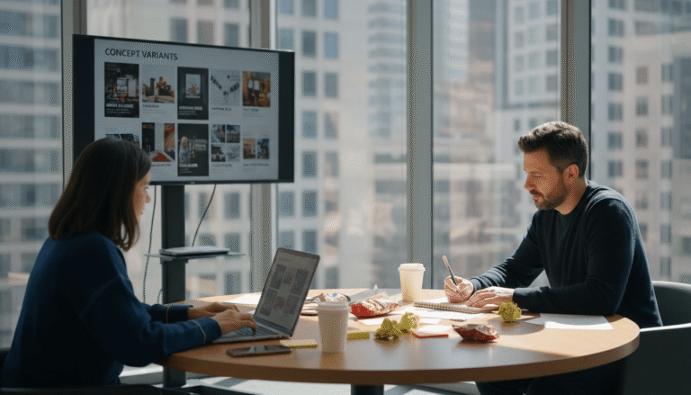 Marketers brainstorming digital ad creatives