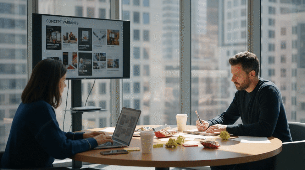 Marketers brainstorming digital ad creatives