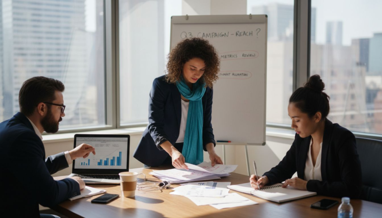 Digital marketing team reviewing advertising campaign